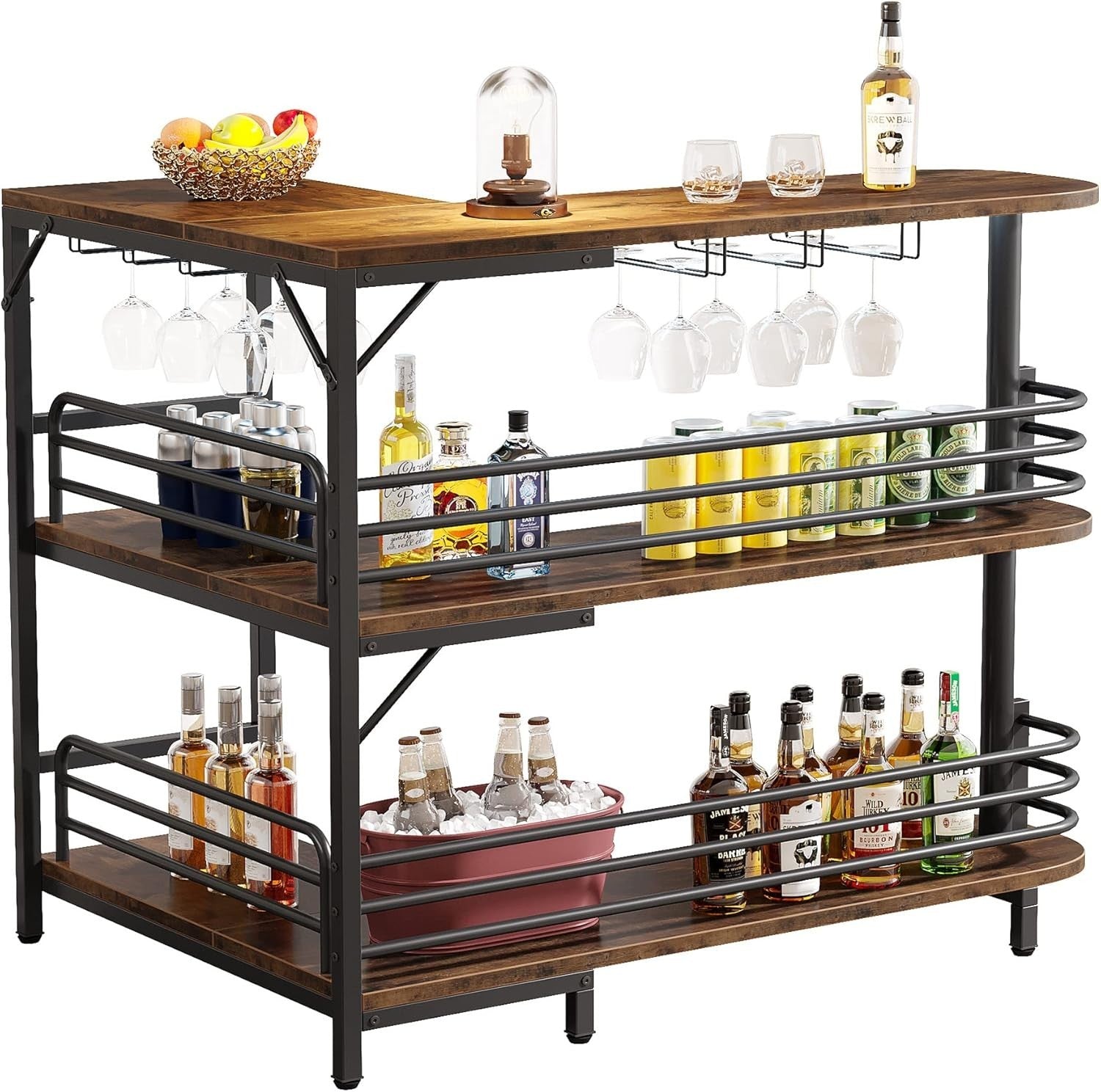 L-Shaped Home Bar Unit with Wine Glass Rack & Shelves Rustic Brown Kitchen Pub