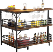L-Shaped Home Bar Unit with Wine Glass Rack & Shelves Rustic Brown Kitchen Pub
