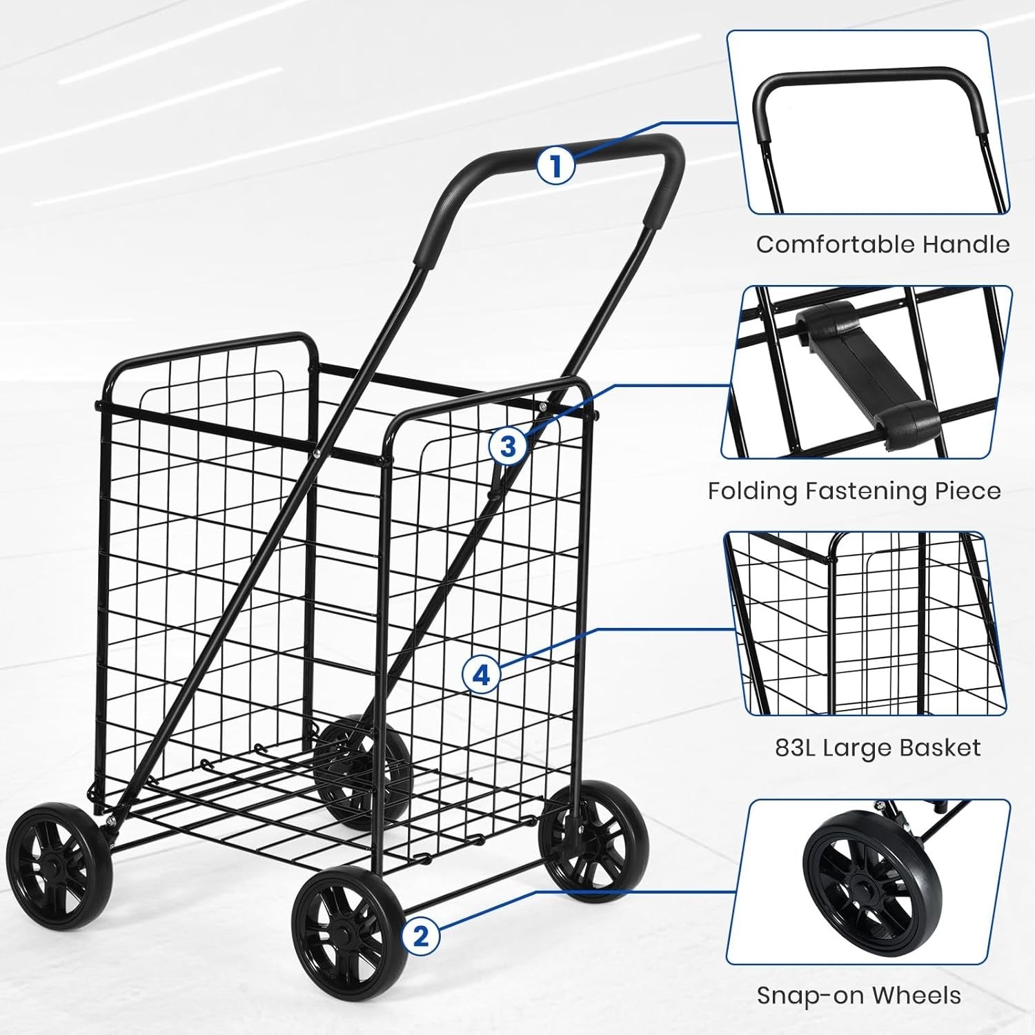 83L Folding Shopping Cart Metal Grocery Trolley Wheels Non-Slip Handle Black