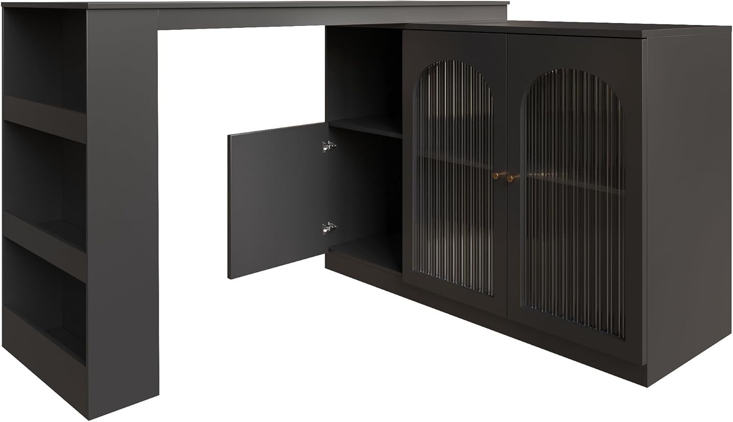 360° Rotating Kitchen Island Bar Cabinet with Glass Doors & Storage Shelves