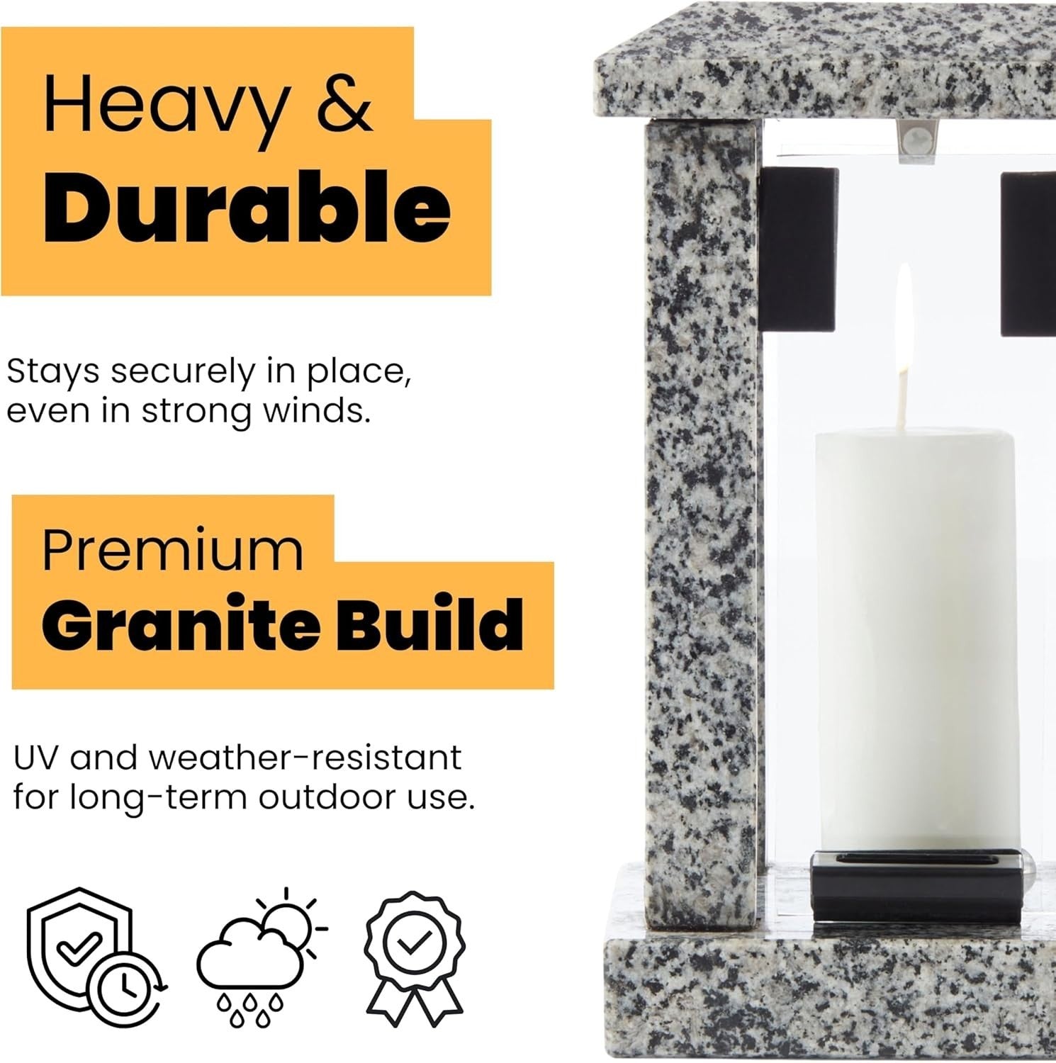 Large Grey Granite Candle Lantern 32cm Square Polished Decor
