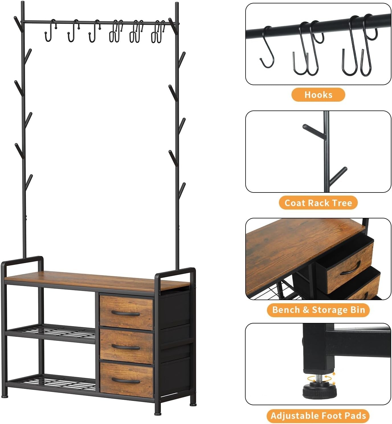 Industrial Coat Rack with Drawers & Shoe Bench | Rustic Brown Hall Tree Stand