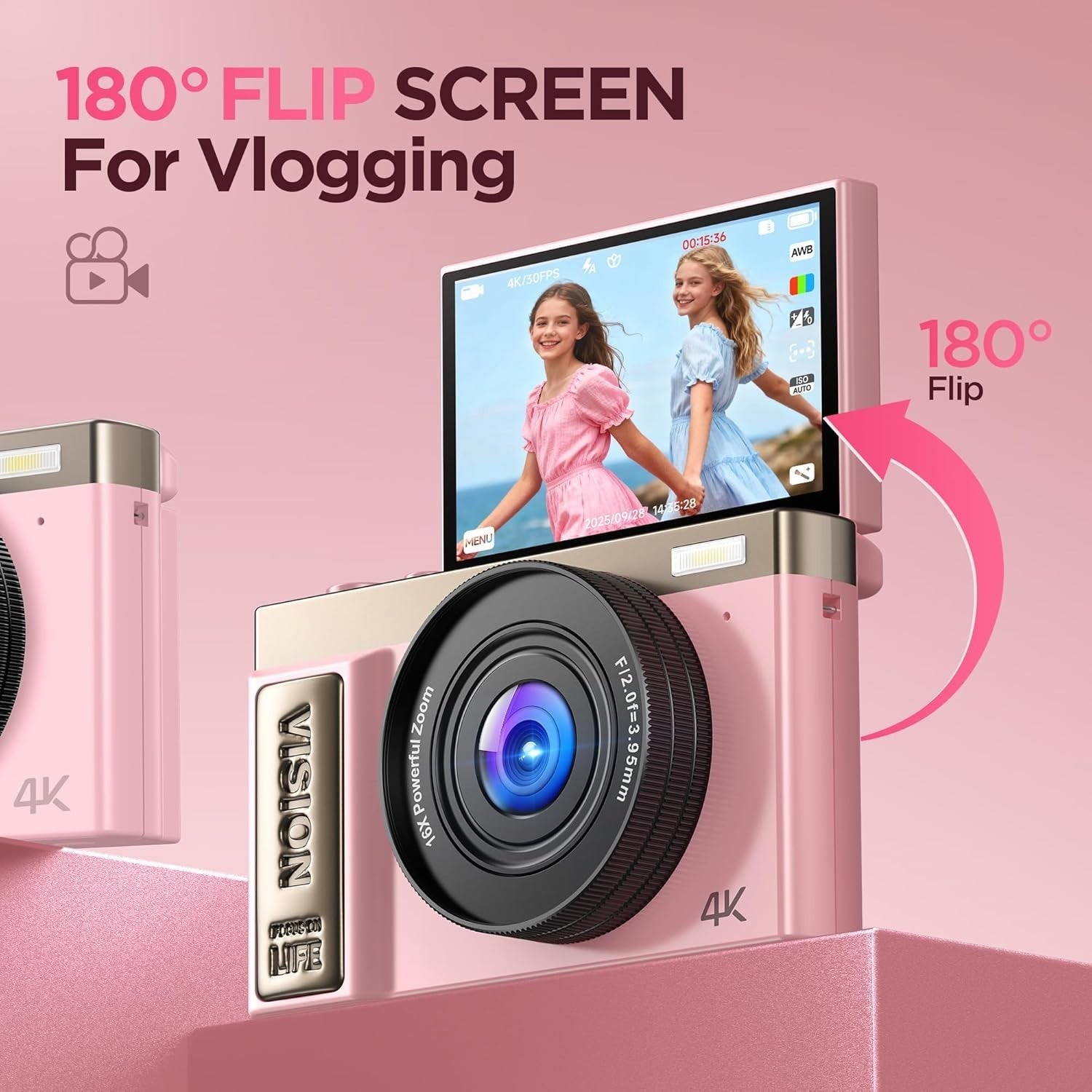 Pink 4K 64MP Vlogging Camera Flip Screen 16X Zoom Compact Camera