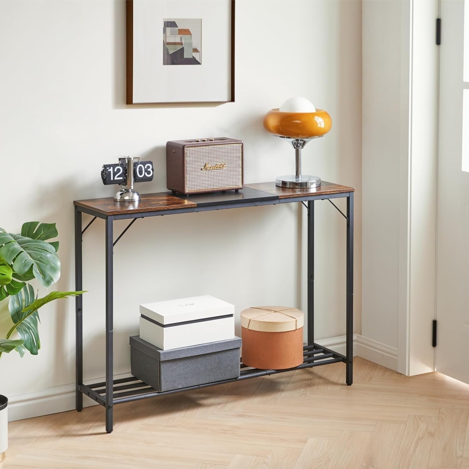 Industrial Narrow Console Table 107cm Sturdy Metal Frame Storage Shelf