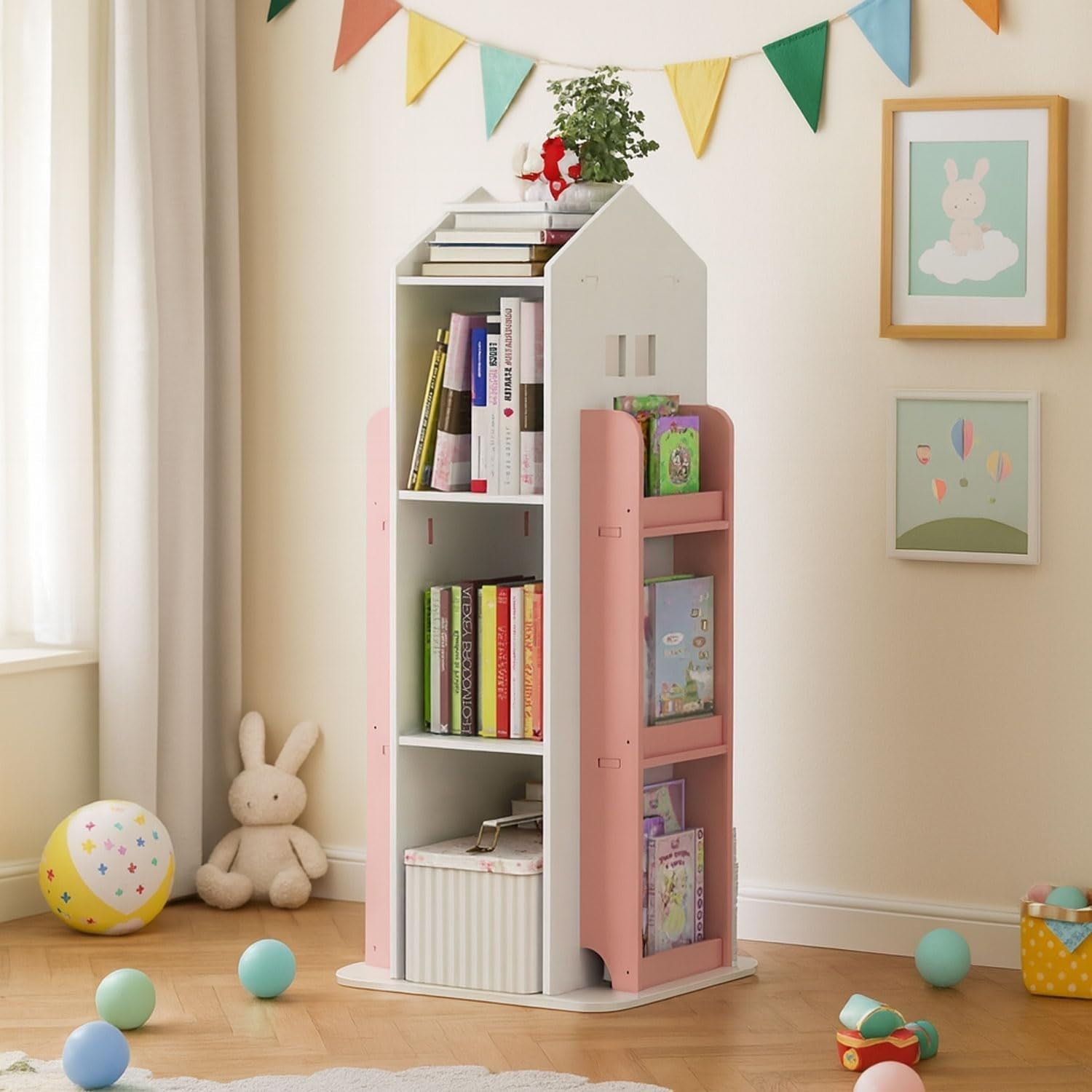 360° Rotating Kids Bookshelf 10-Shelf Freestanding Space-Saving Bookcase Pink