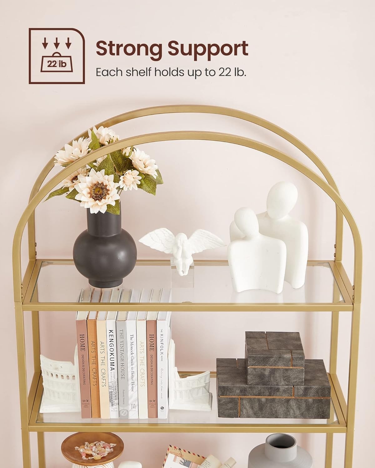 5-Tier Gold Arched Glass Shelf Unit Modern Tall Display Storage Rack