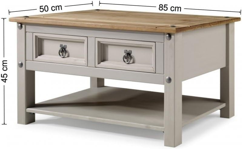 Grey Wax Coffee Table with 2 Drawers & Shelf – Solid Pine, Rustic Storage