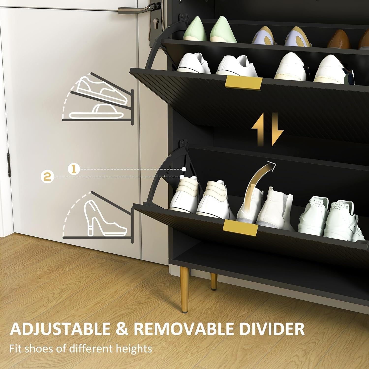Slim Black Shoe Cabinet 2 Flip Drawers Narrow Hallway Storage Unit 60x24x91.5cm