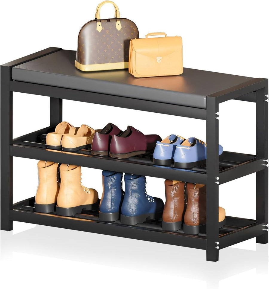 3 Tier Shoe Rack Bench with Cushion Seat Carbon Steel Entryway Storage 65cm