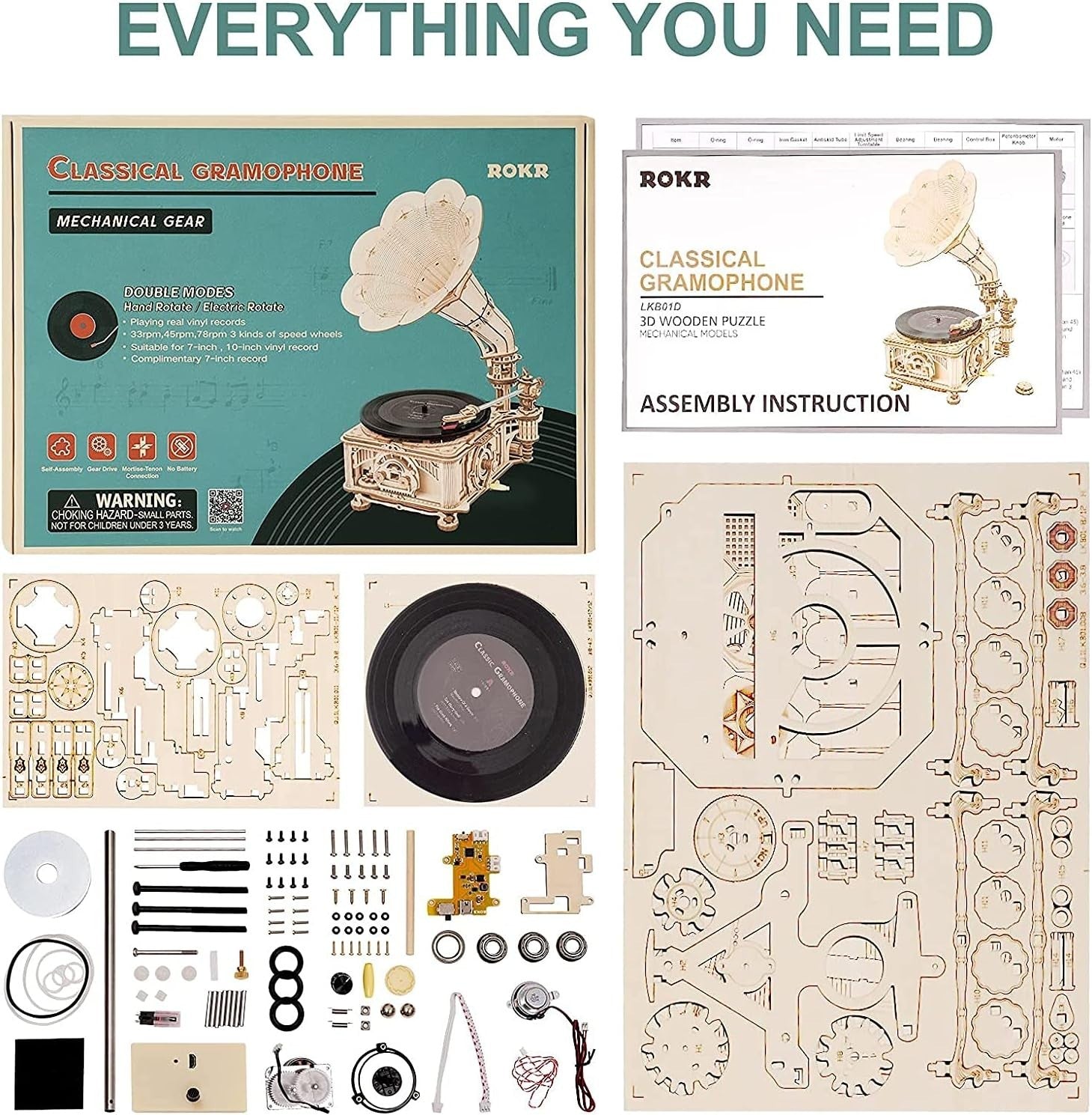 3D Wooden Gramophone Puzzle Music Box DIY Model Kit Retro Home Decor