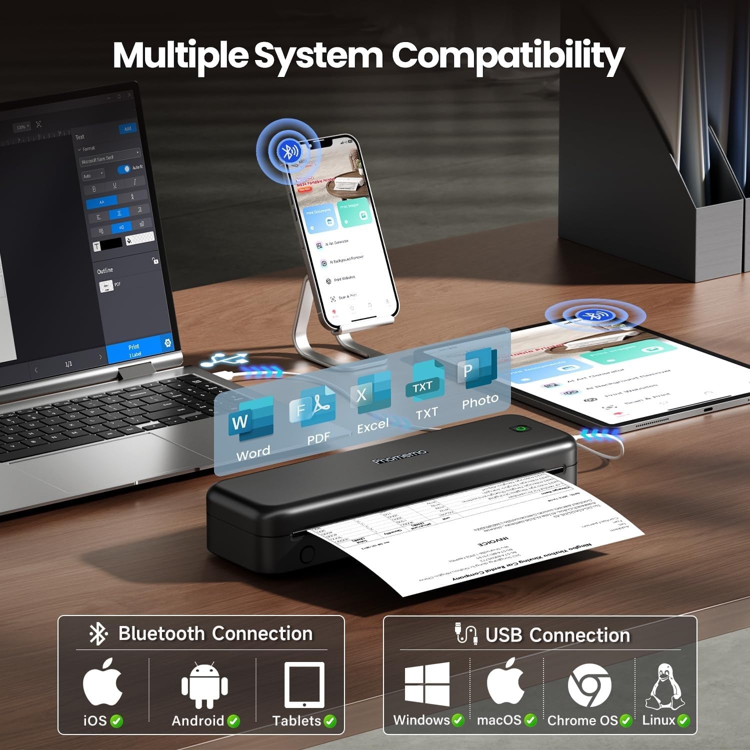 Portable A4 Thermal Printer Bluetooth Inkless 4 Rolls