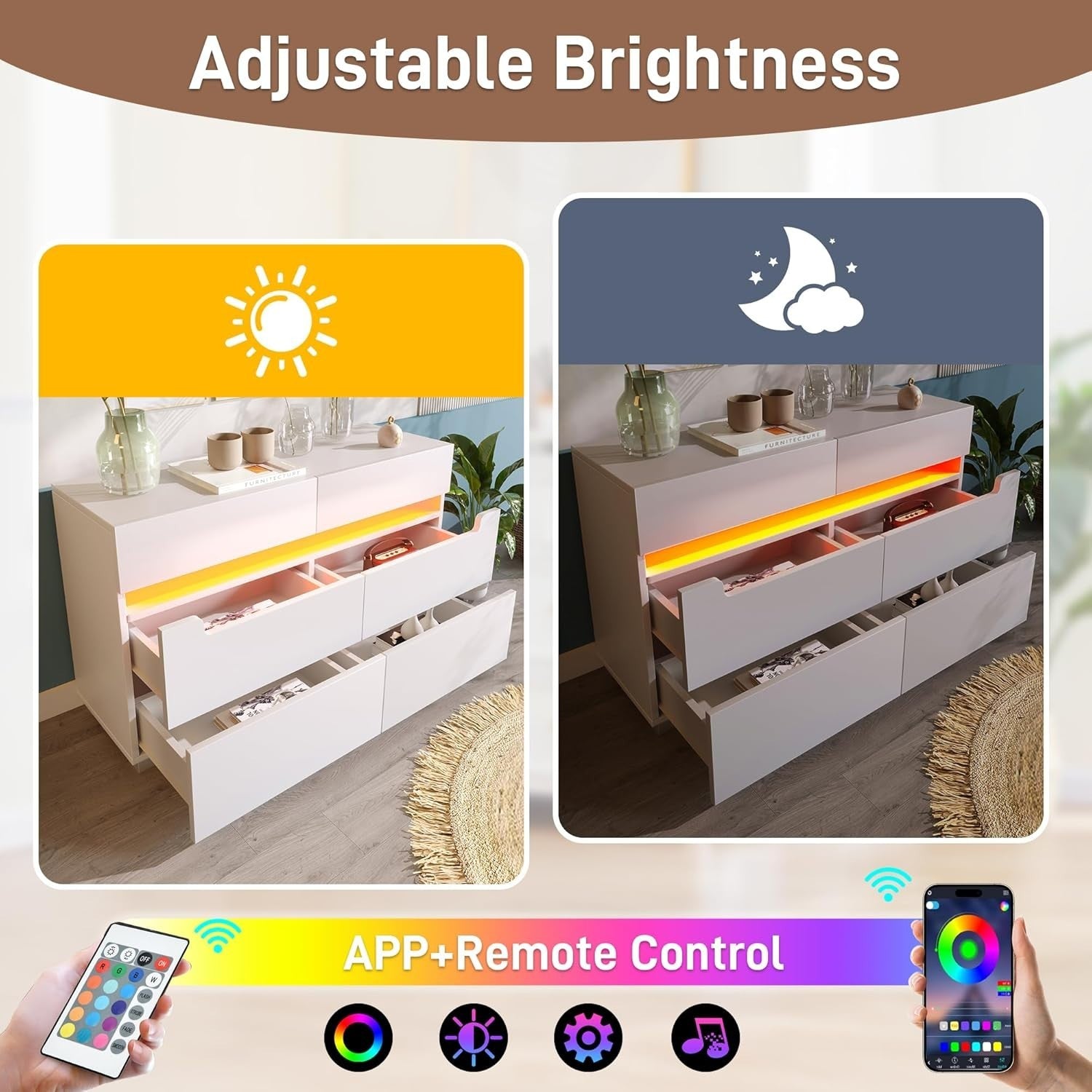 Modern White Sideboard Cabinet 6 Drawers RGB LED Storage Dresser Floor Mount