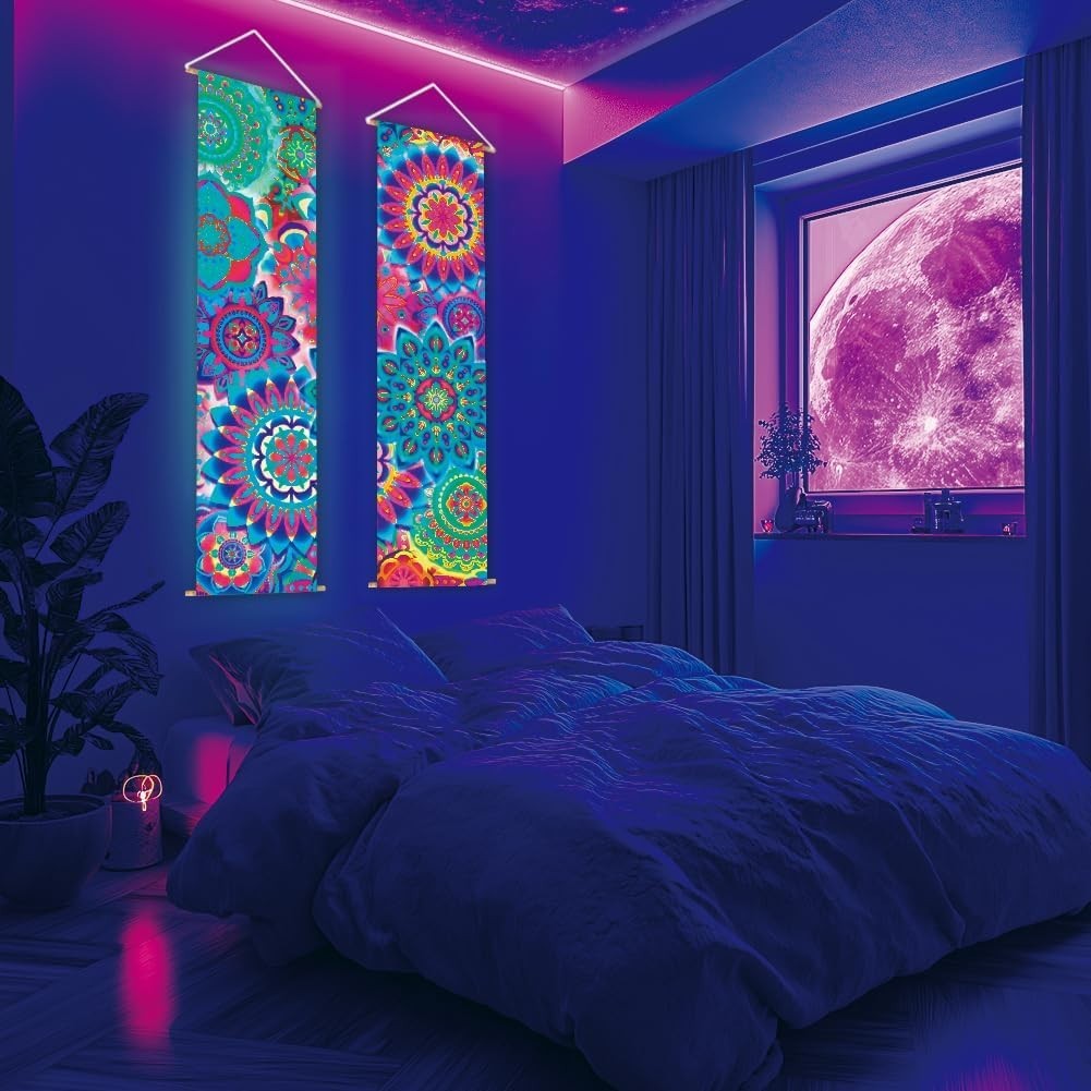 2-Pack Boho UV Blacklight Tapestry 52"x13" Vertical Wall Decor