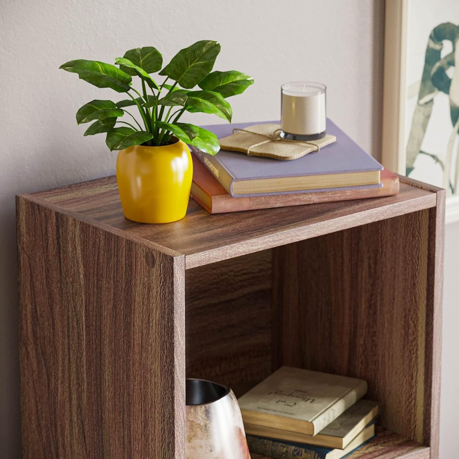 4 Tier Walnut Wooden Cube Bookcase Small Storage Shelf for Living Room Office