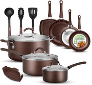 14pcs Brown Ceramic Stackable Non Stick Cookware Set Induction Safe Pots & Pans