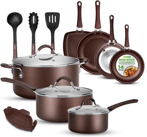 14pcs Brown Ceramic Stackable Non Stick Cookware Set Induction Safe Pots & Pans