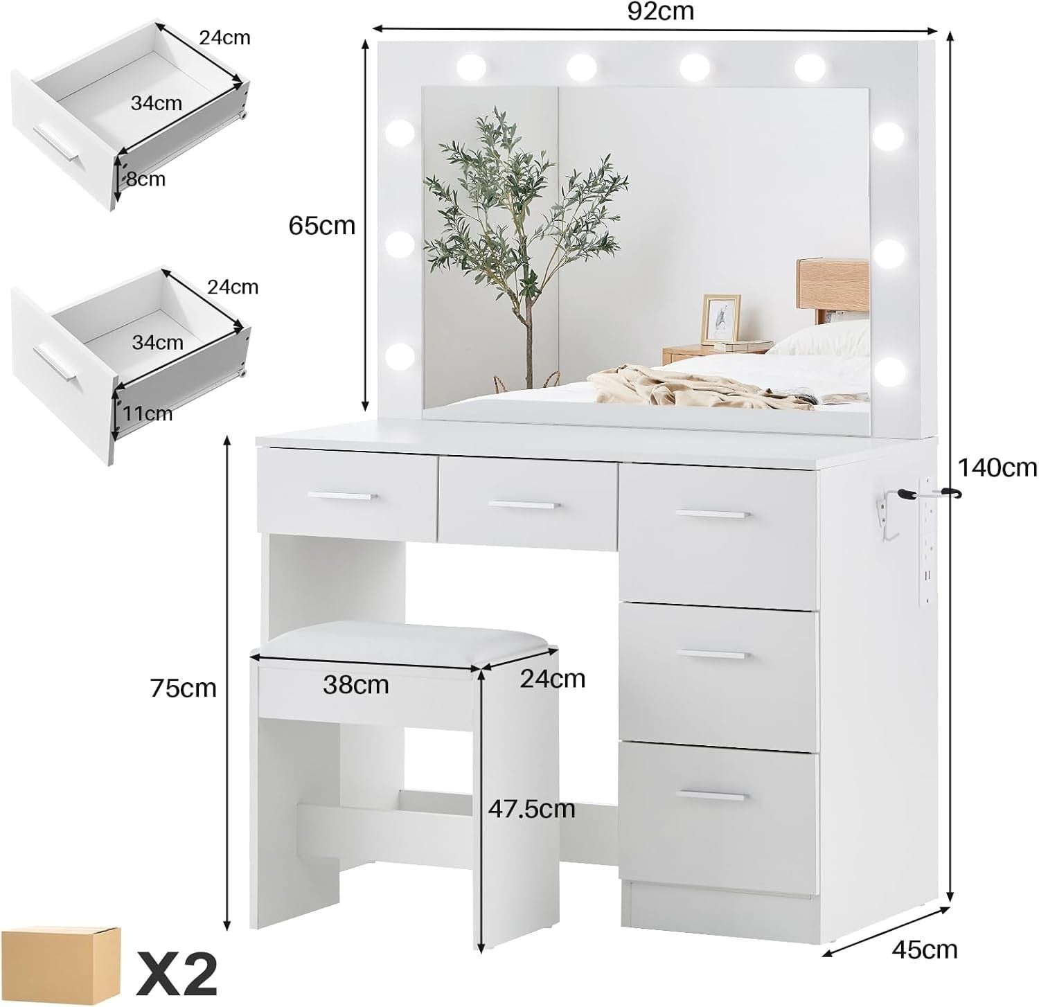 White Dressing Table Set 5 Drawers LED Mirror Charging Station Makeup Vanity