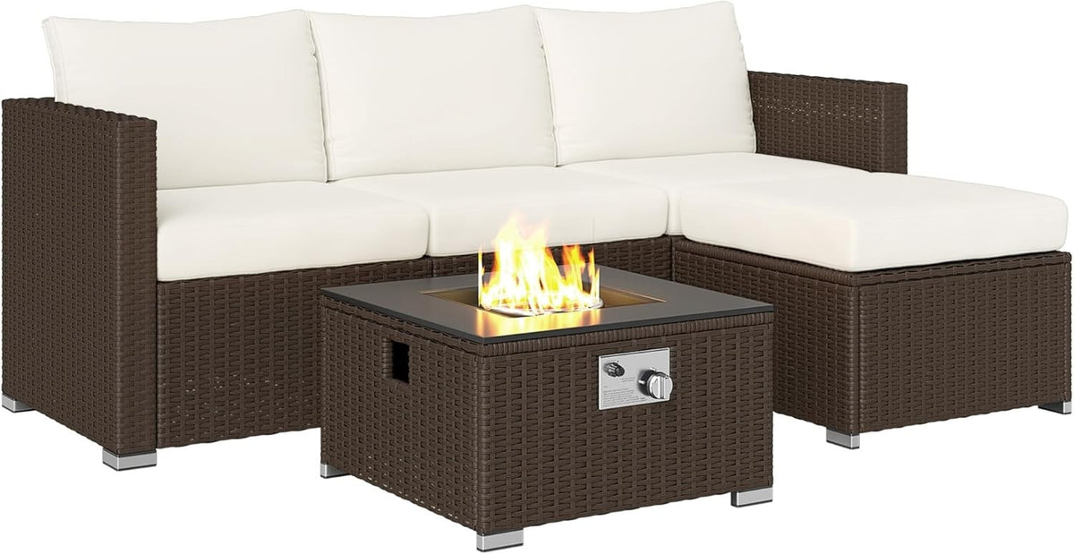 5-Piece Outdoor Rattan Sofa Set with Gas Fire Pit Table & Cushions