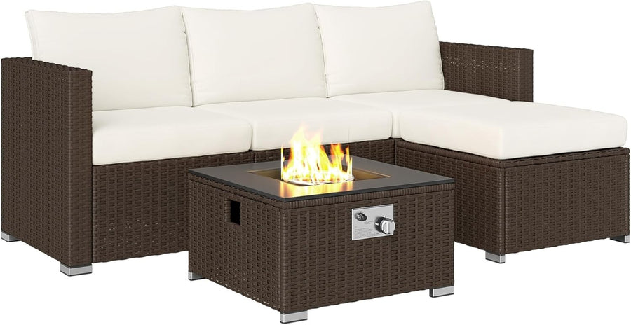 5-Piece Outdoor Rattan Sofa Set with Gas Fire Pit Table & Cushions