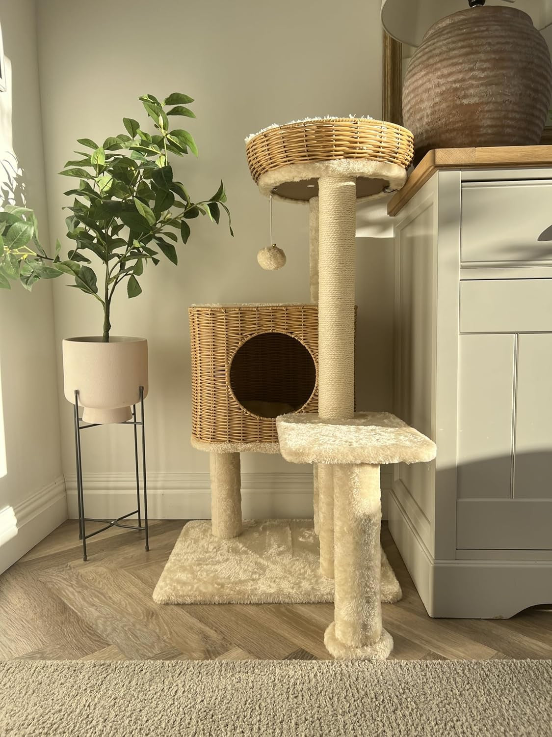 91cm Rattan Cat Tree Tower Wicker Bed Scratching Post Washable Cushion