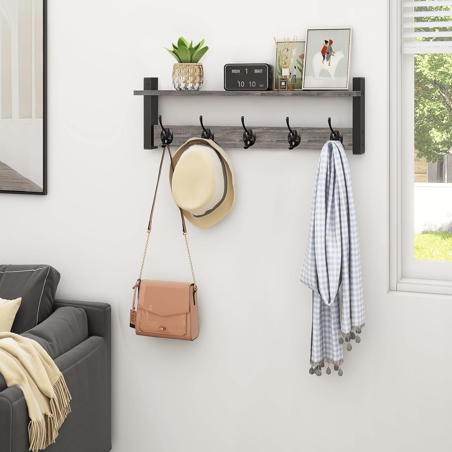 24in Rustic Grey Wall Mounted Coat Rack Shelf Entryway Hooks for Hats Bags