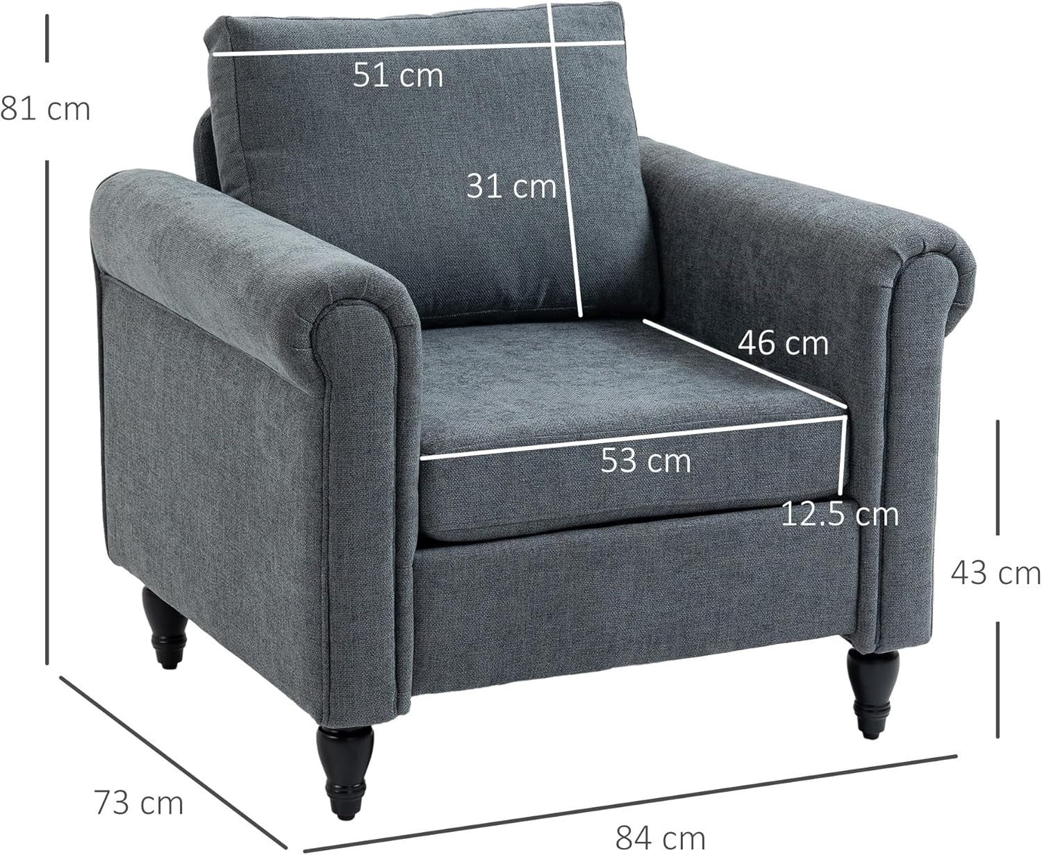 Dark Grey Upholstered Accent Armchair with Back Pillow & Rubber Wood Legs