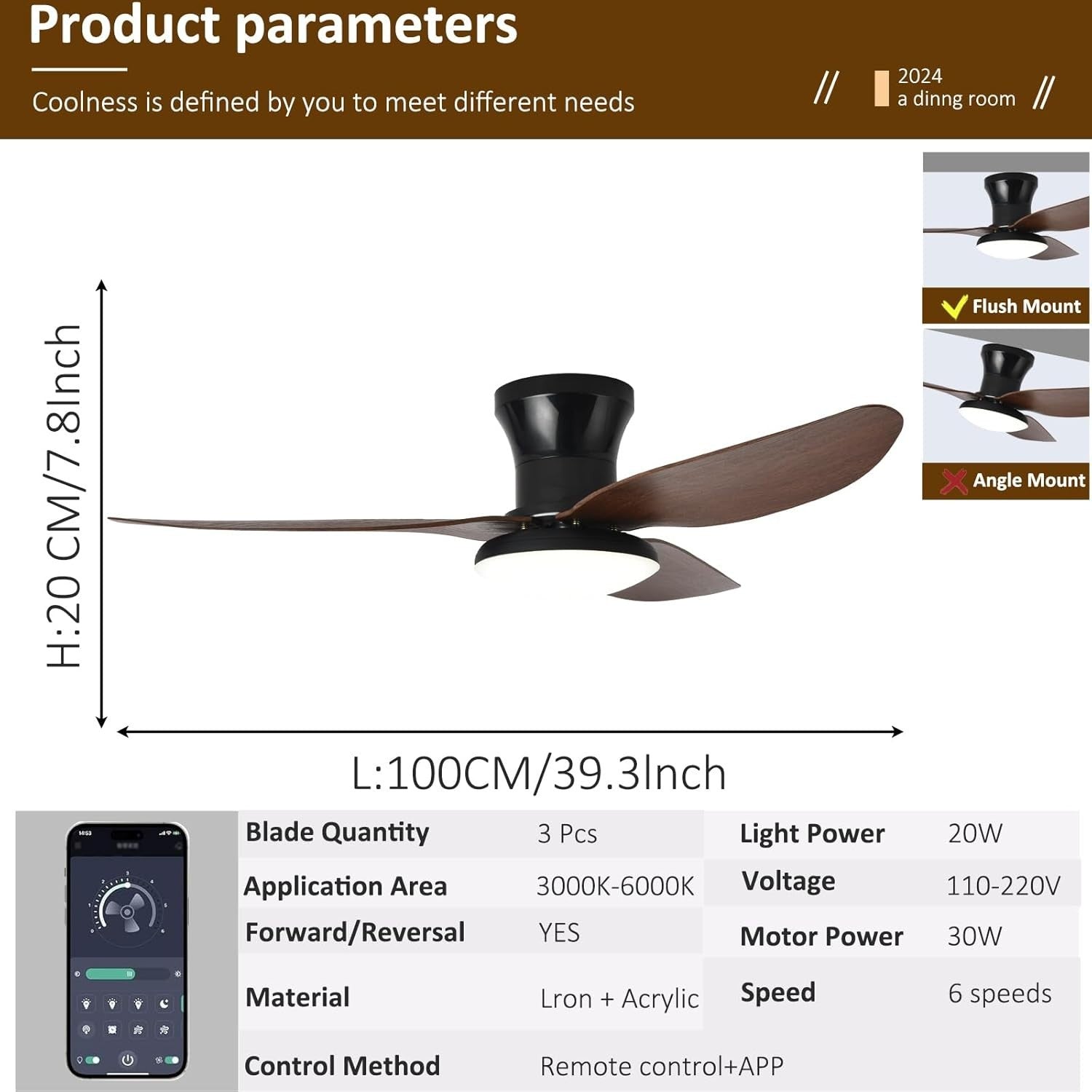 Lrenjon 100CM Ceiling Fan Light, 6-Speed Silent LED Flush Mount – Walnut