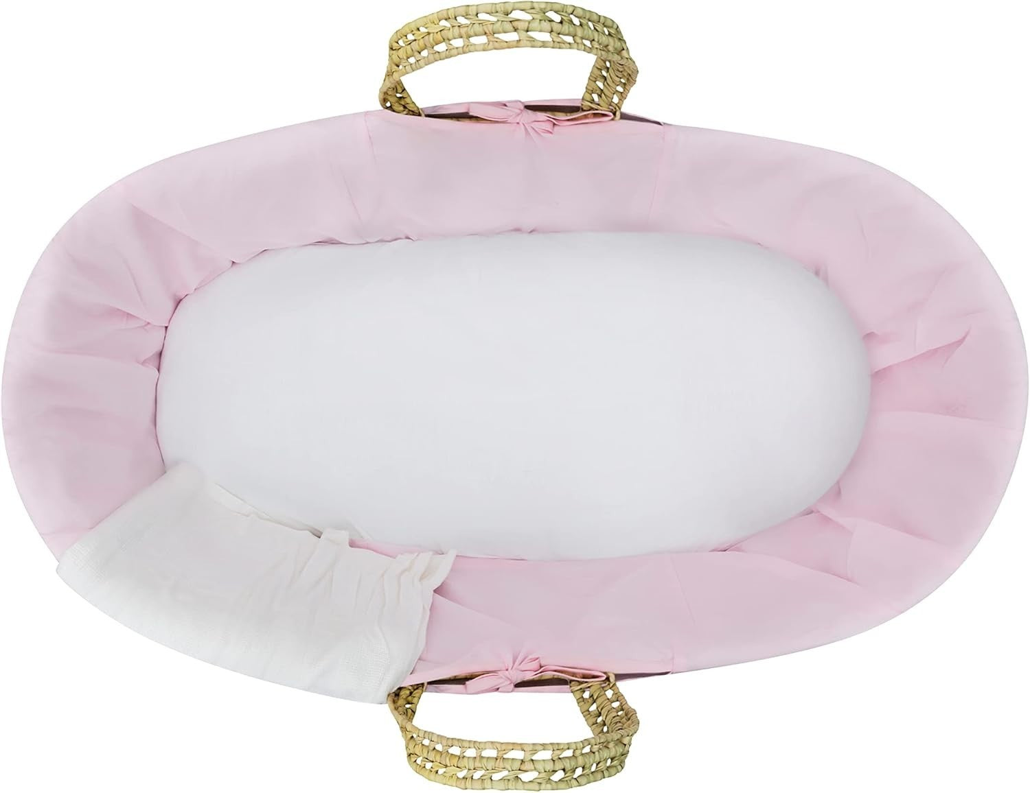 Hand-woven Palm Moses Basket with Deluxe Natural Rocking Stand & Mattress Pink