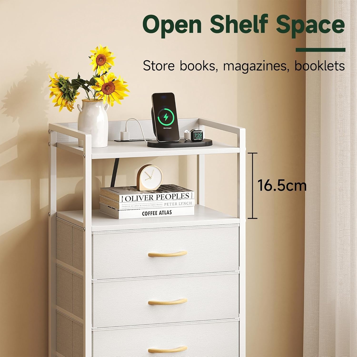 Tall White LED Bedside Table with Charging Ports 5-Drawer Modern Storage Unit