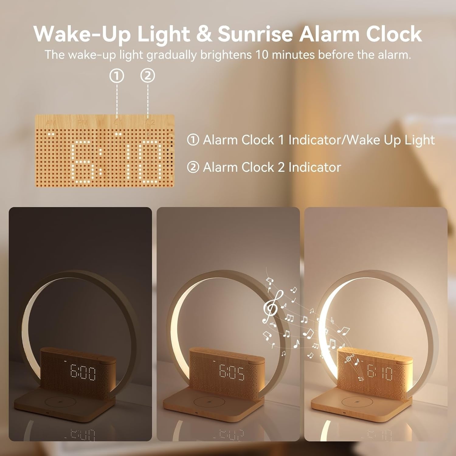 Wake Up Light Sunrise Alarm Clock Wireless Charger Touch Bedside Lamp