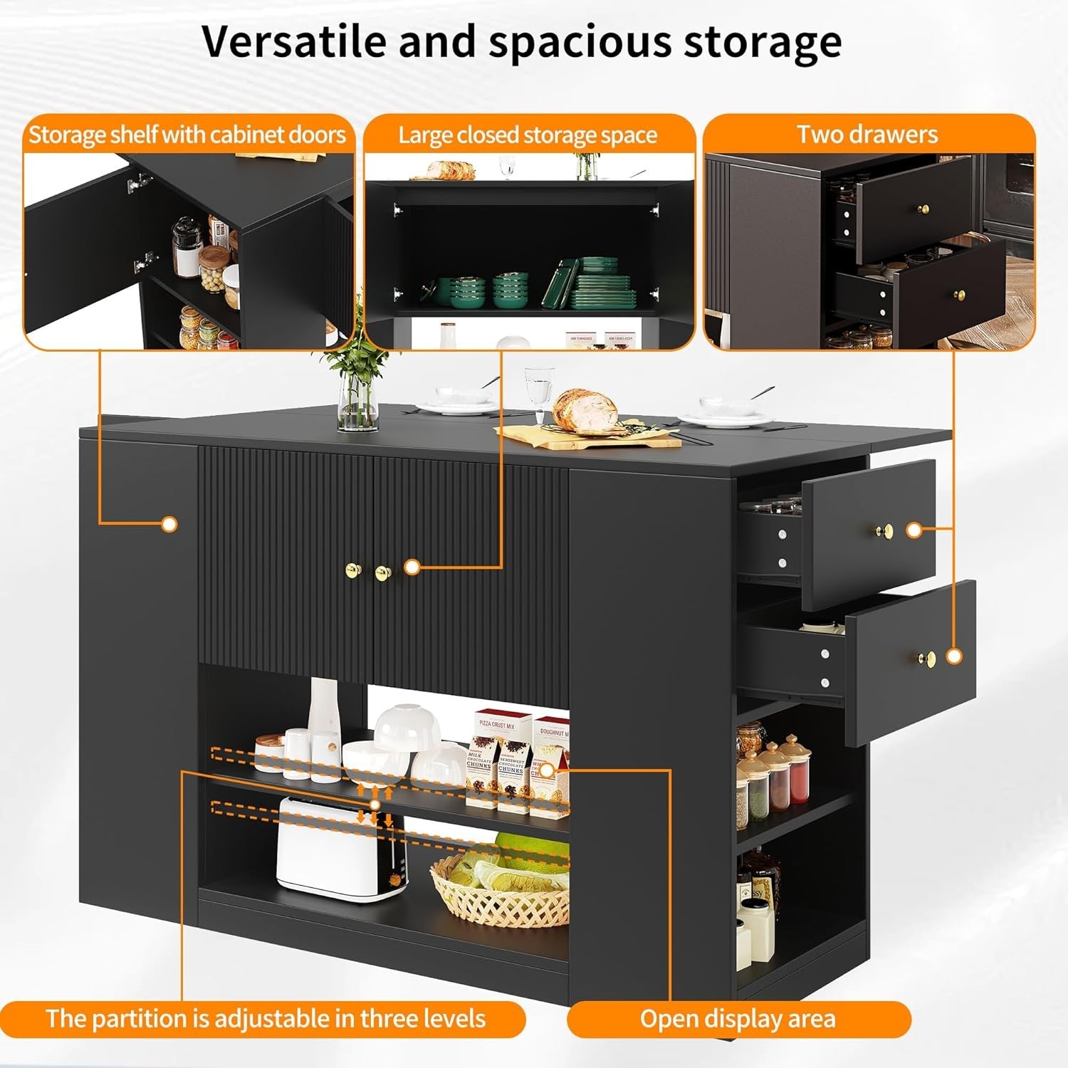 Kitchen Island with Fold Out Table, Storage Cabinet & Drawers, Black