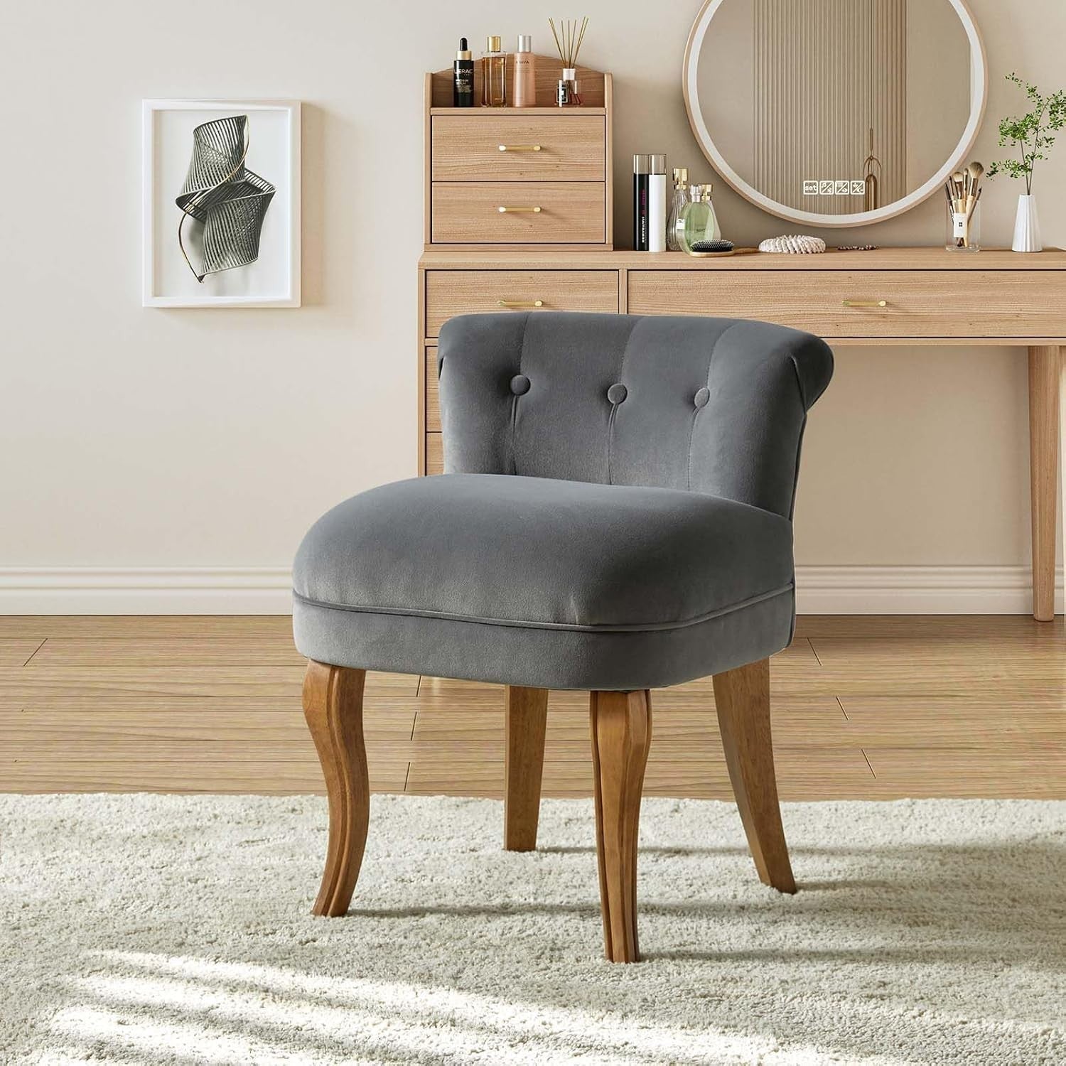 Grey Velvet Upholstered Vanity Chair – Barrel Back Accent Seat with Wood Legs