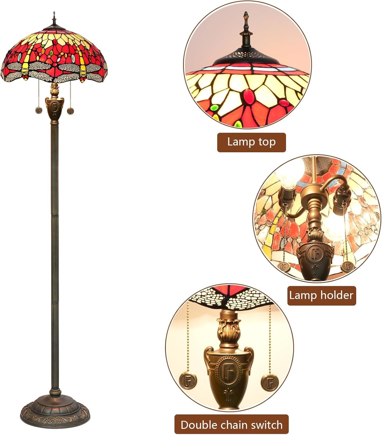 Red Dragonfly Stained Glass Floor Lamp with Vintage Bronze Base & Foot Switch