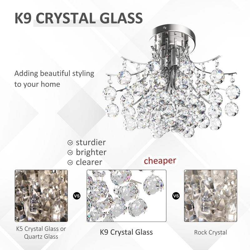 Modern K9 Crystal Flush Ceiling Light Chandelier 3 Way E14 Lamp 40cm Fixture