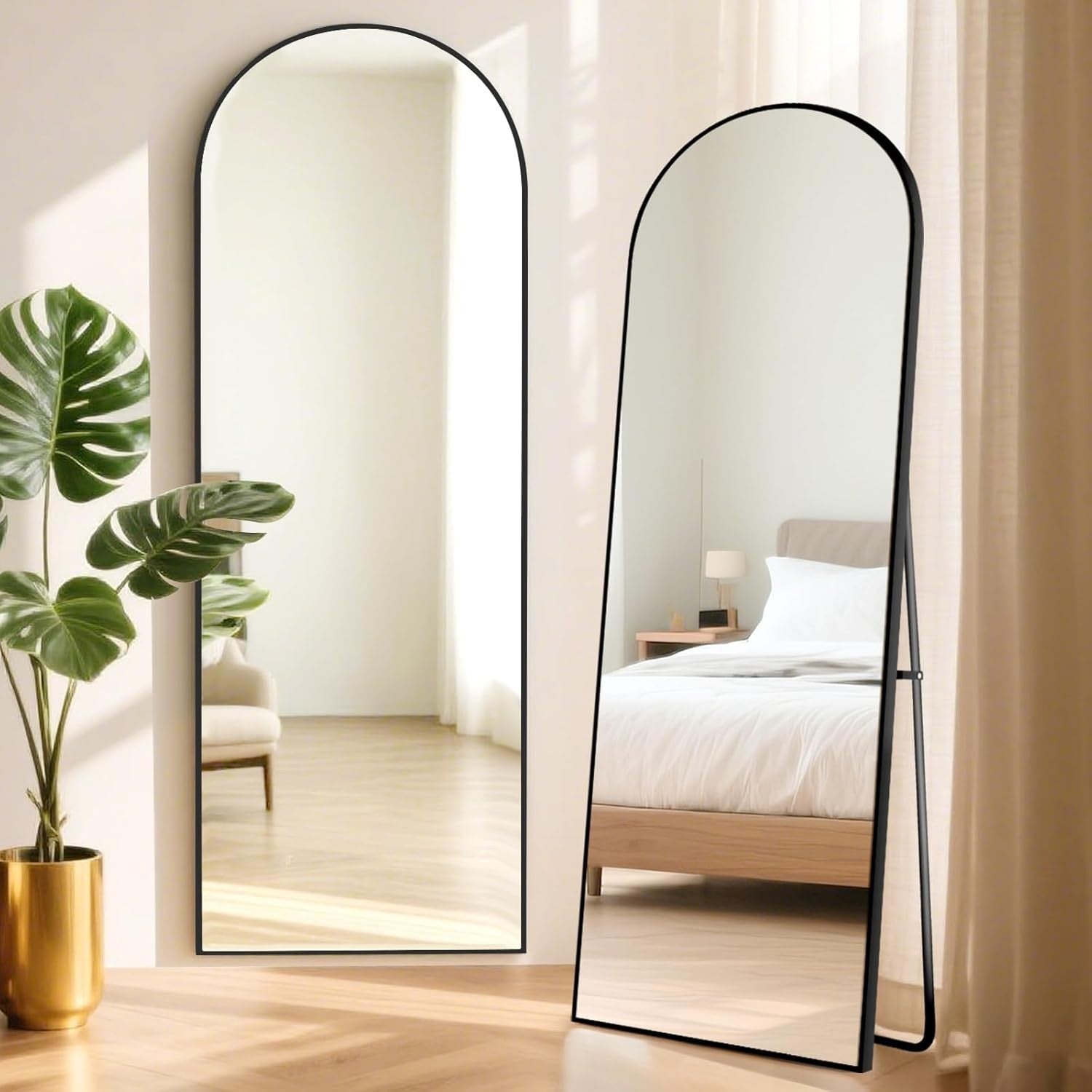 Full Length Arch Mirror 165x60cm Black Frame Tempered Glass Free Standing