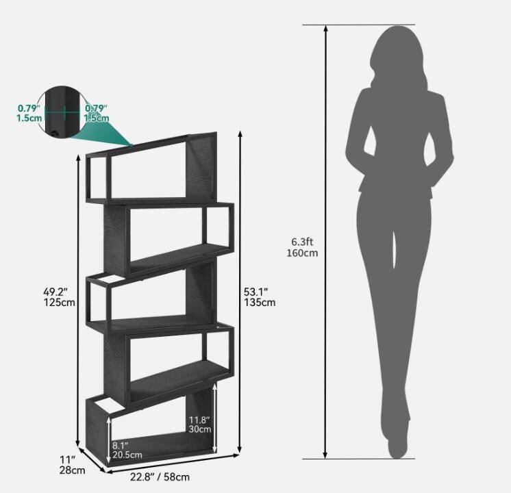 Modern 5 Tier Bookcase Tall Zigzag Bookshelf Display Storage Unit Black