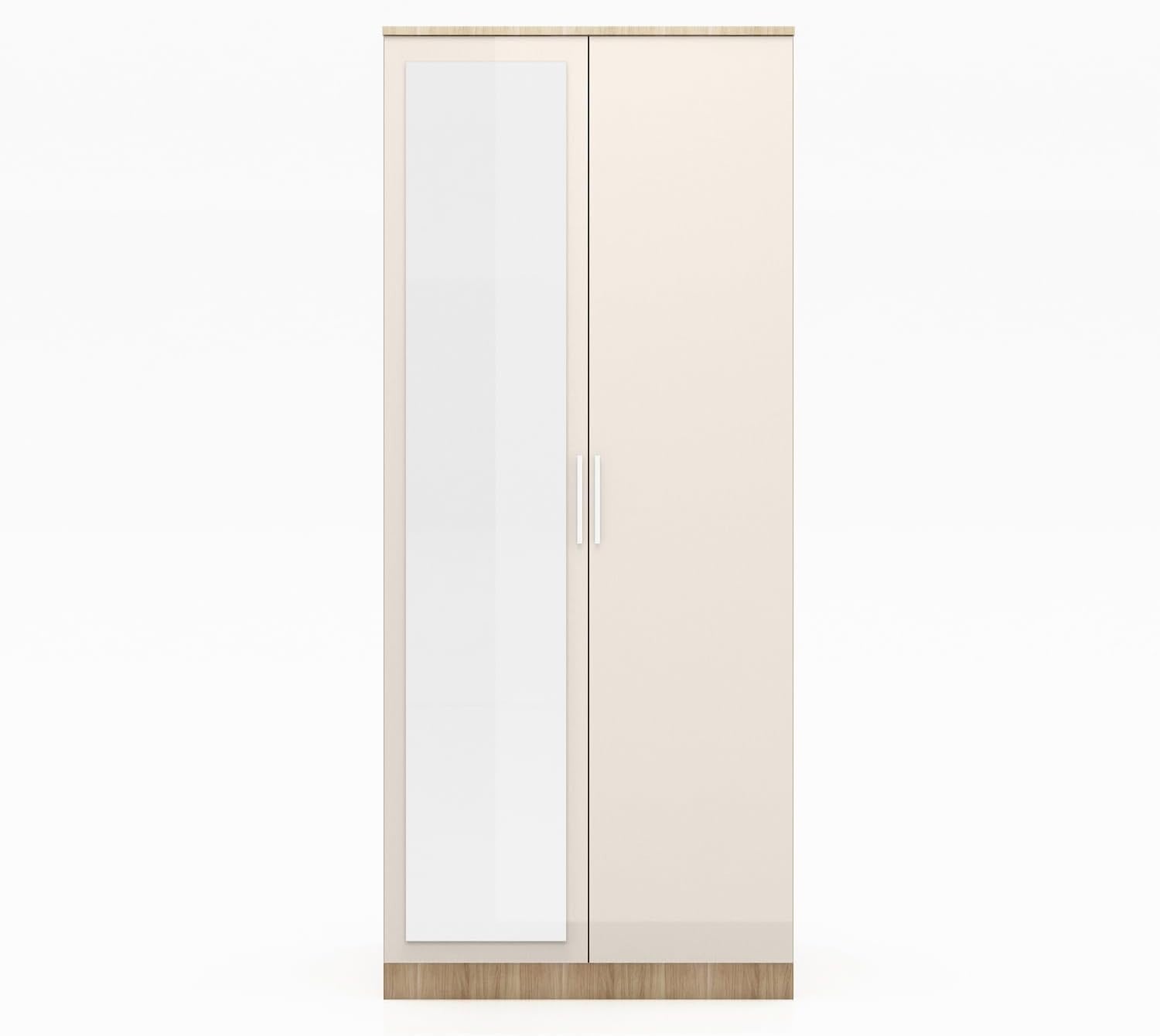Cream Oak 2 Door Wardrobe with Mirror Soft Close High Gloss Storage 178cm