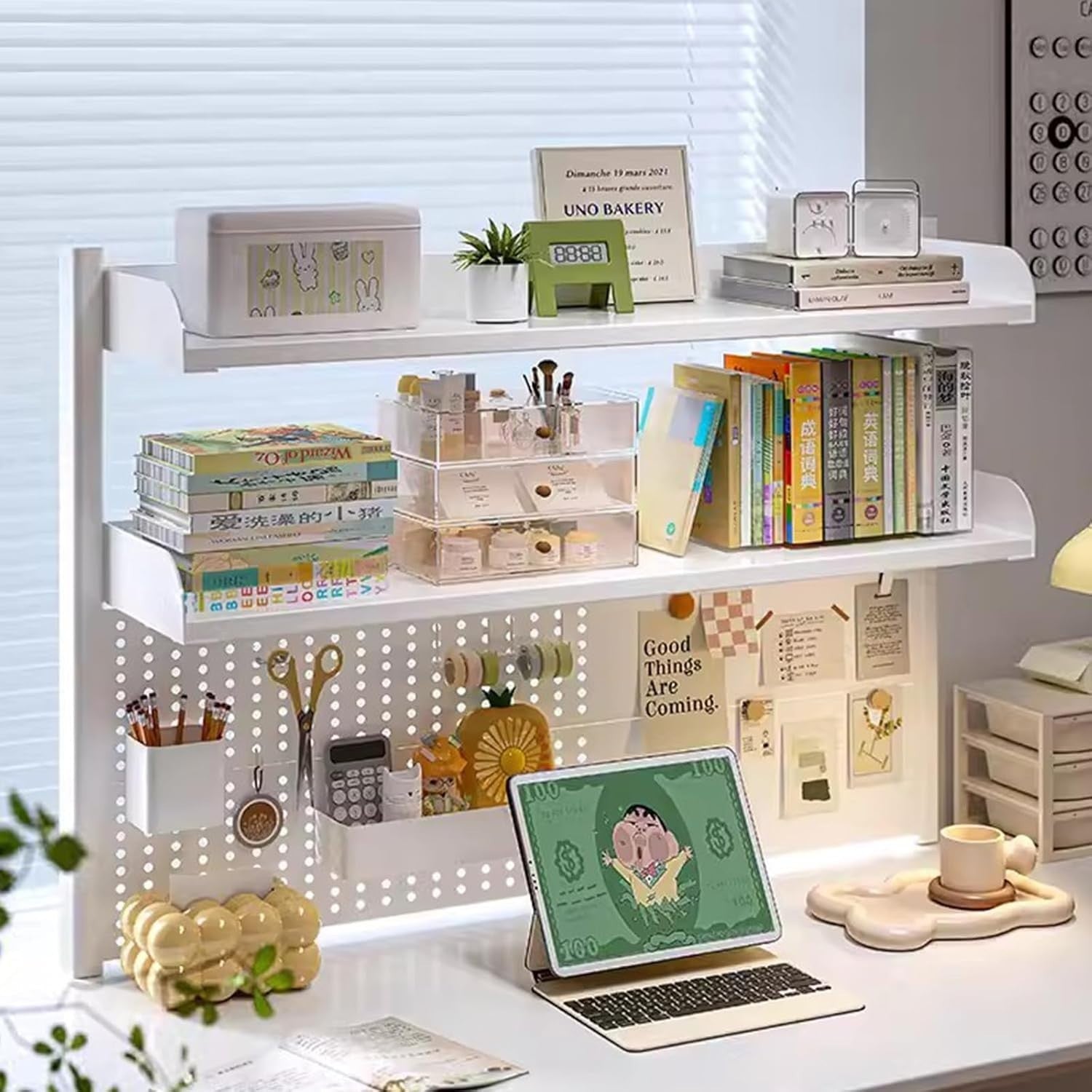 Clamp-On Desk Organizer Shelf 2-Tier White Pegboard Workstation Rack 80cm