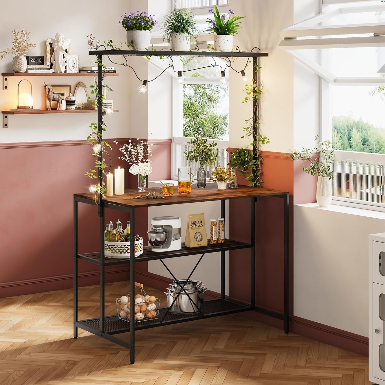Breakfast Bar Table with Shelves & Hooks, Rustic Brown Kitchen Storage Table