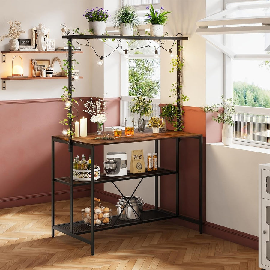 Breakfast Bar Table with Shelves & Hooks, Rustic Brown Kitchen Storage Table