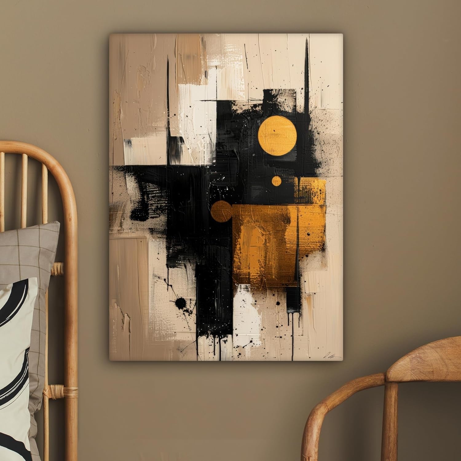 Large Abstract Canvas Wall Art 60x80cm Framed Beige Gold Modern