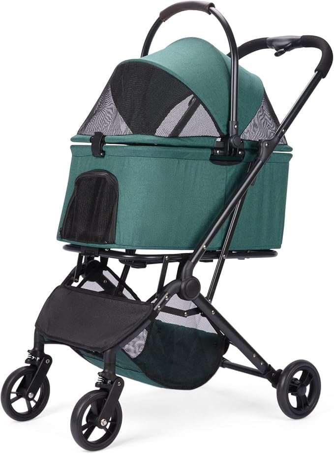 2 in 1 Dog Stroller Removable Basket Foldable Pet 4 Wheel Travel Cart