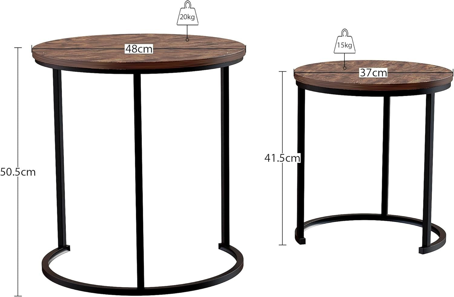 Set of 2 Industrial Nesting End Tables Wood Metal Frame Dark Coffee Side Modern