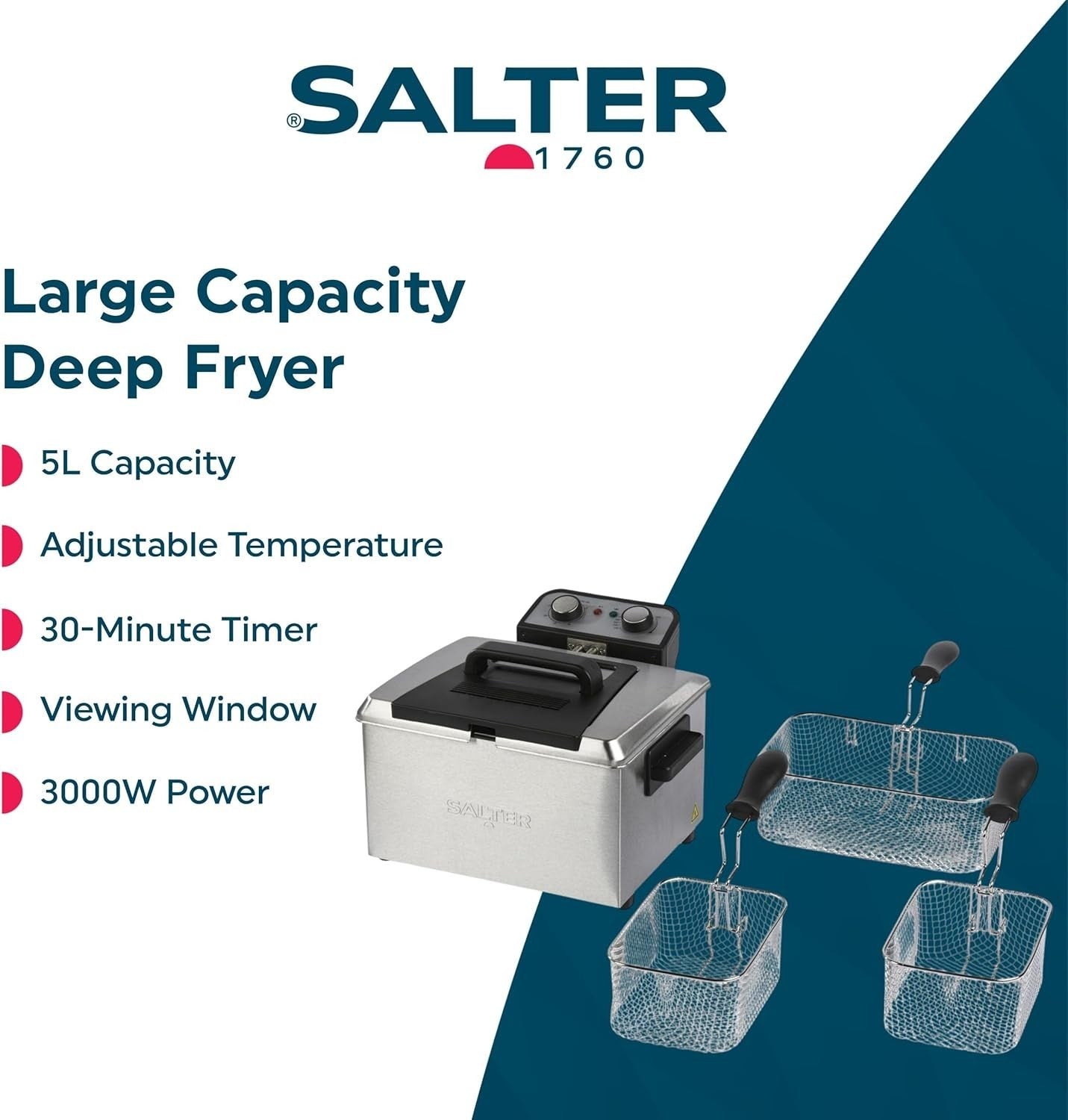 5L Deep Fat Fryer 3000W Dual Baskets Timer Adjustable Temp Viewing Window