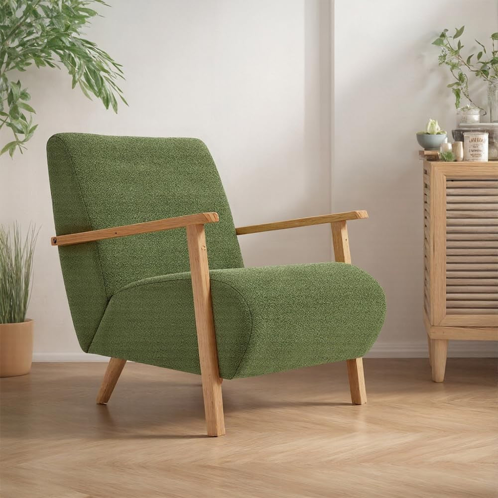 Green Chenille Accent Armchair Solid Wood Frame Lounge Chair