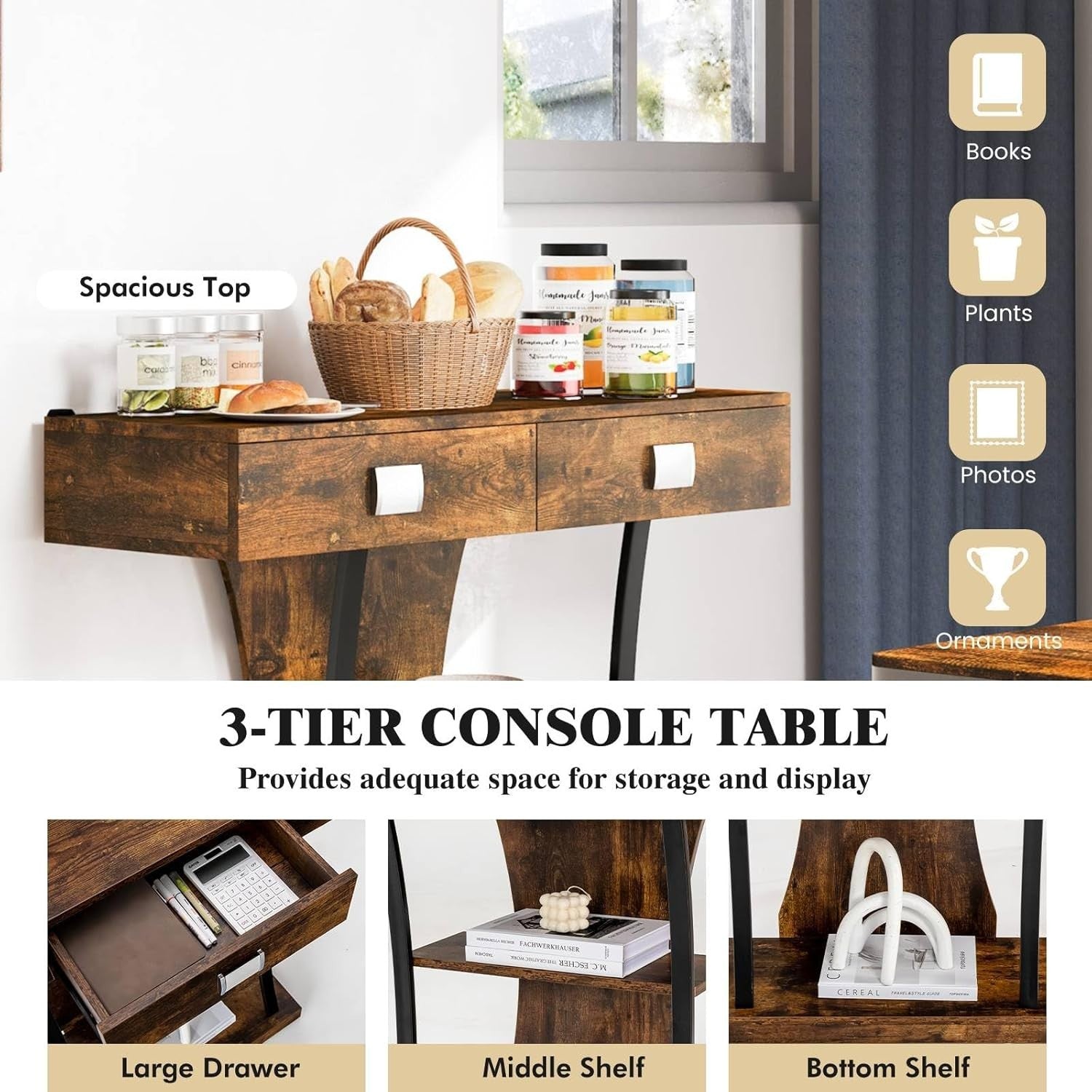 Rustic Brown Console Table with 2 Drawers & Shelves – Slim Hallway Storage