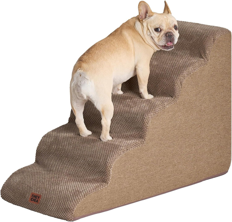 5 Step Dog Stairs for High Bed Non Slip Foam Pet Steps Washable Camel