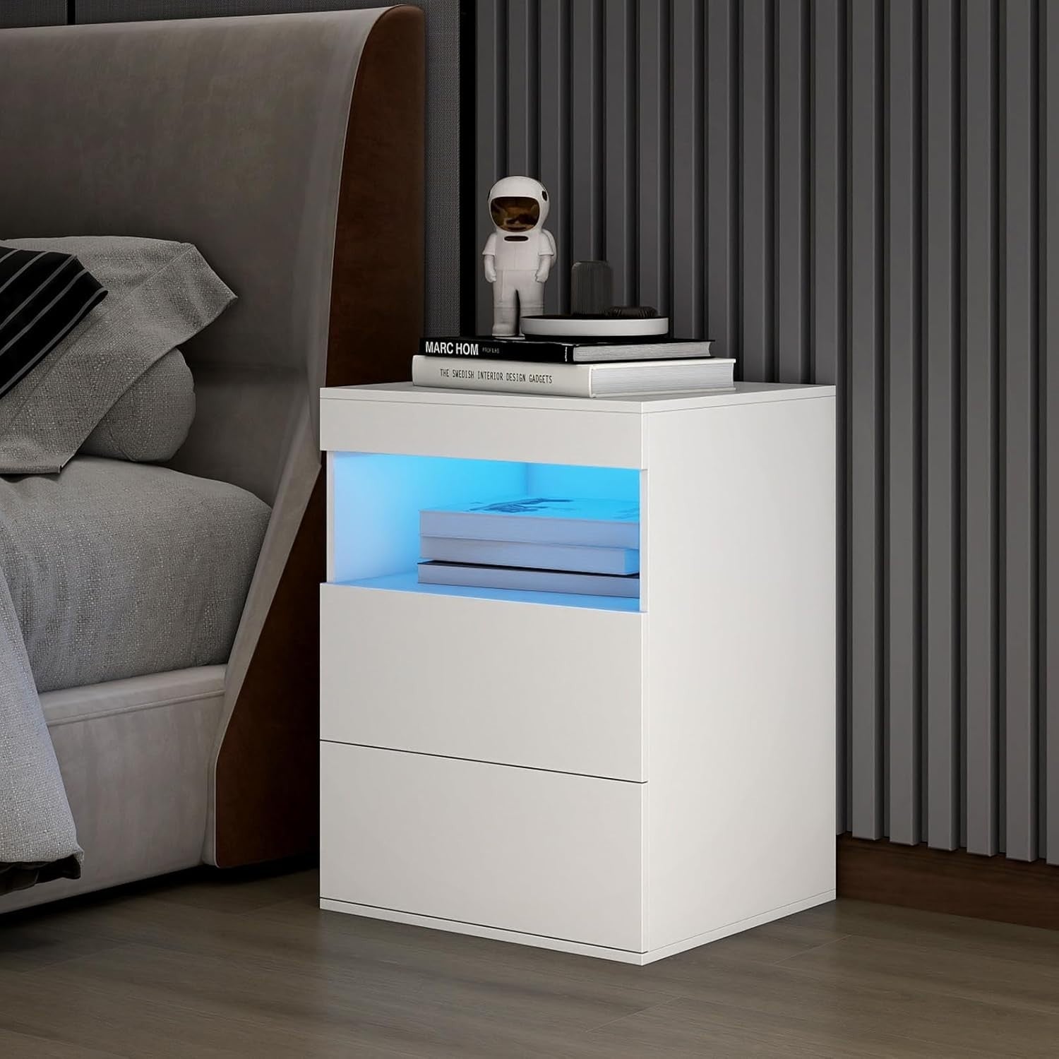 Set of 2 White LED Bedside Tables with USB Charging Station & Drawers