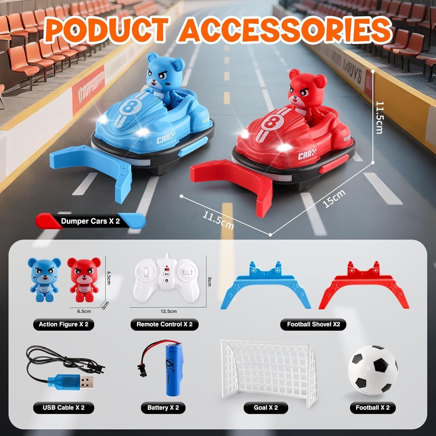 2PCS RC Bumper Car Set with Music Lights & Soccer Game for Kids 5-8