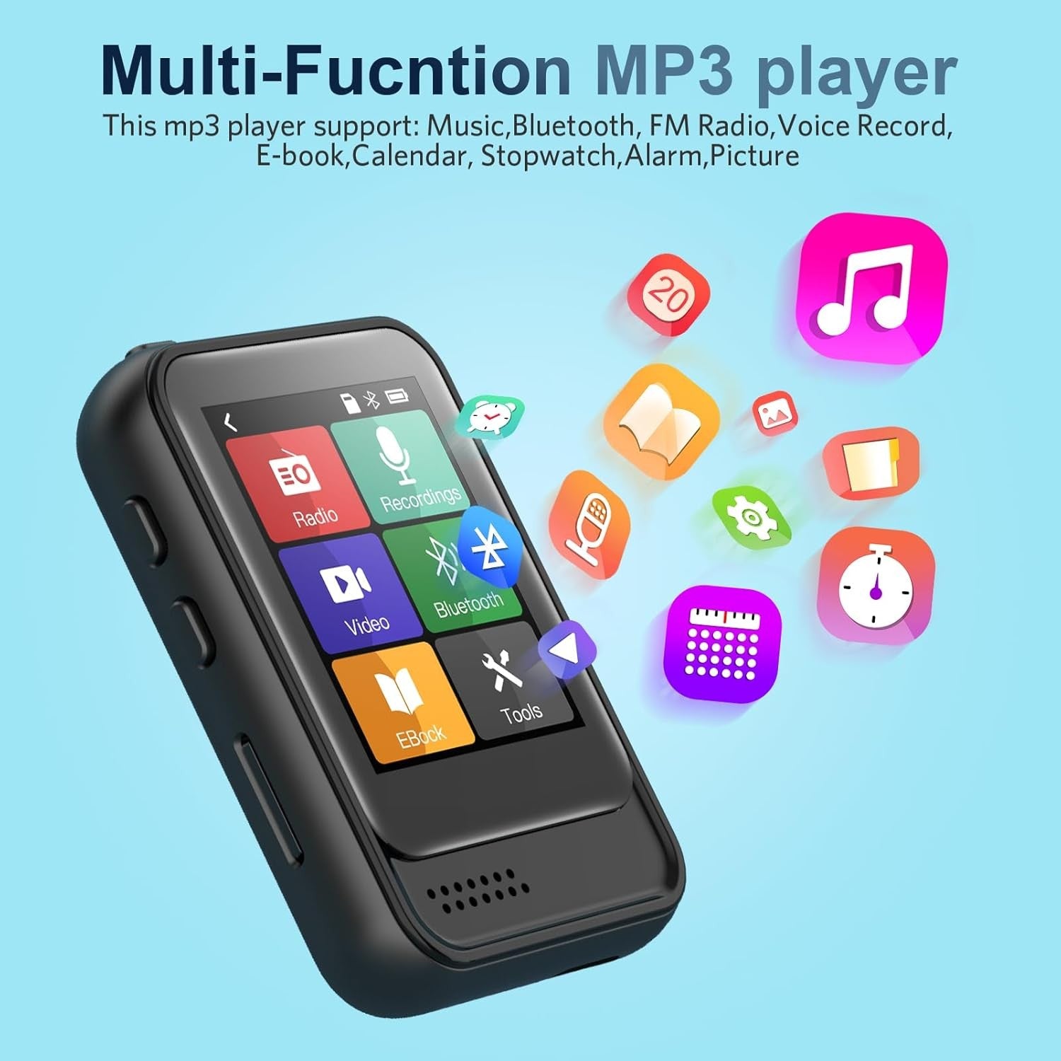 16GB MP3 Player Bluetooth Built-In Speaker FM Radio 128GB